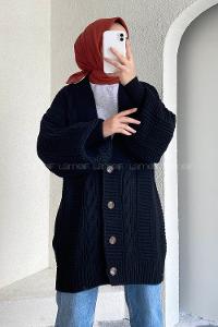 Modalamelif Balon Kol Örgü Desen Ön Düğmeli Hırka Siyah