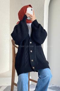 Modalamelif Balon Kol Örgü Desen Ön Düğmeli Hırka Siyah