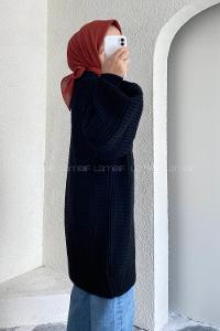 Modalamelif Balon Kol Örgü Desen Ön Düğmeli Hırka Siyah