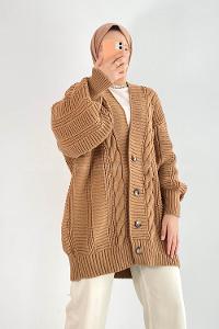 Modalamelif Balon Kol Örgü Desen Ön Düğmeli Hırka Sütlü Kahve