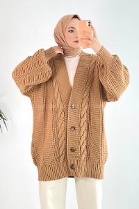 Modalamelif Balon Kol Örgü Desen Ön Düğmeli Hırka Sütlü Kahve