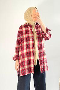 Modalamelif Önü Boydan Düğmeli Oduncu Ekose Gömlek Kırmızı