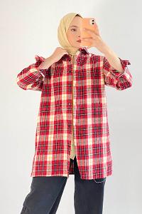 Modalamelif Önü Boydan Düğmeli Oduncu Ekose Gömlek Kırmızı