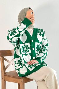 Modalamelif V Yaka Çiçek Desenli Düğme Detaylı Triko Hırka Yeşil