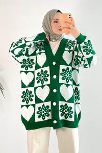 Modalamelif V Yaka Çiçek Desenli Düğme Detaylı Triko Hırka Yeşil