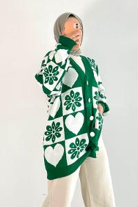 Modalamelif V Yaka Çiçek Desenli Düğme Detaylı Triko Hırka Yeşil