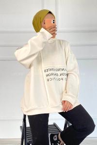 Modalamelif Dikişli Salaş Yazı Baskılı Sweatshırt Beyaz