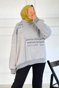 Modalamelif Dikişli Salaş Yazı Baskılı Sweatshırt Gri