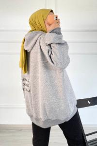 Modalamelif Dikişli Salaş Yazı Baskılı Sweatshırt Gri