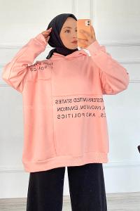 Modalamelif Dikişli Salaş Yazı Baskılı Sweatshırt Pudra