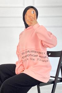 Modalamelif Dikişli Salaş Yazı Baskılı Sweatshırt Pudra
