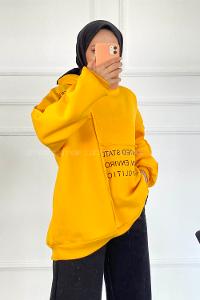 Modalamelif Dikişli Salaş Yazı Baskılı Sweatshırt Sarı