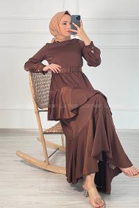 Modalamelif Etek Ucu Fırfır Detaylı Kemerli Saten Elbise Acıkahve