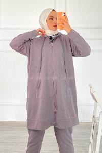 Modalamelif Önü Fermuarlı Kapşonlu İkili Takım Gri