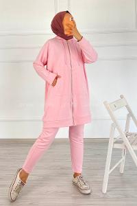 Modalamelif Önü Fermuarlı Kapşonlu İkili Takım Pudra