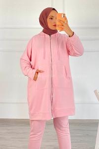 Modalamelif Önü Fermuarlı Kapşonlu İkili Takım Pudra