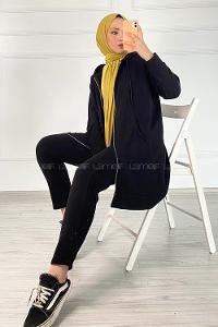 Modalamelif Önü Fermuarlı Kapşonlu İkili Takım Siyah