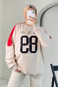 Modalamelif 89 Aplike Nakışlı Bisiklet Yaka Renk Garnili Sweat Bej