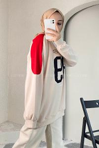 Modalamelif 89 Aplike Nakışlı Bisiklet Yaka Renk Garnili Sweat Bej