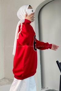 Modalamelif 89 Aplike Nakışlı Bisiklet Yaka Renk Garnili Sweat Kırmızı