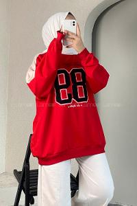 Modalamelif 89 Aplike Nakışlı Bisiklet Yaka Renk Garnili Sweat Kırmızı