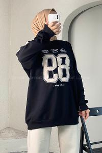 Modalamelif 89 Aplike Nakışlı Bisiklet Yaka Renk Garnili Sweat Siyah