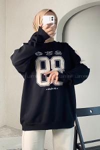 Modalamelif 89 Aplike Nakışlı Bisiklet Yaka Renk Garnili Sweat Siyah