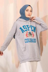Modalamelif Aspen Yazı Baskılı Kapüşonlu Sweat Gri