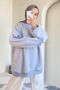 Modalamelif Bisiklet Yaka Salaş Sweatshirt Gri