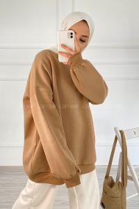 Modalamelif Bisiklet Yaka Salaş Sweatshirt Sütlü Kahve