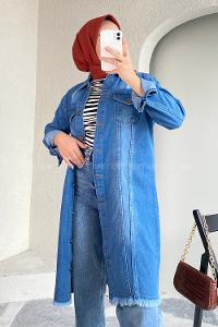 Modalamelif Boydan Düğmeli Eskitme Yıkamalı Püskül Detaylı Uzun Ceket Kot Mavi