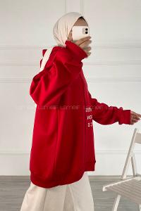 Modalamelif Dikişli Salaş Yazı Baskılı Sweatshırt Kırmızı