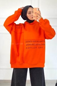 Modalamelif Dikişli Salaş Yazı Baskılı Sweatshırt Oranj