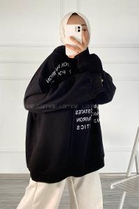 Modalamelif Dikişli Salaş Yazı Baskılı Sweatshırt Siyah