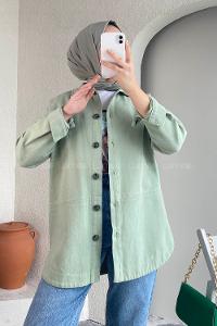 Modalamelif Eteği Parçalı  Düğme Detaylı Salaş Gömlek Çağla Yeşili