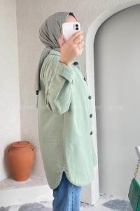 Modalamelif Eteği Parçalı  Düğme Detaylı Salaş Gömlek Çağla Yeşili