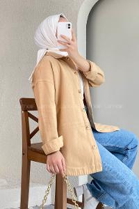 Modalamelif Eteği Parçalı  Düğme Detaylı Salaş Gömlek Camel