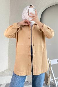 Modalamelif Eteği Parçalı  Düğme Detaylı Salaş Gömlek Camel