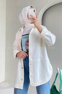 Modalamelif Eteği Parçalı  Düğme Detaylı Salaş Gömlek Ekru