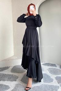 Modalamelif Etek Ucu Fırfır Detaylı Kemerli Saten Elbise Siyah