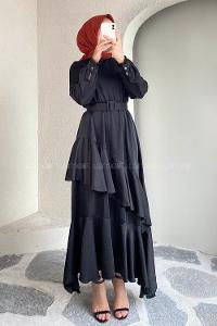 Modalamelif Etek Ucu Fırfır Detaylı Kemerli Saten Elbise Siyah