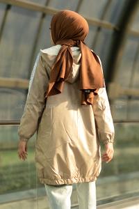 Modalamelif Kapüşonlu İçi Kürklü Kolları Pul Detaylı Mont Kum Beji