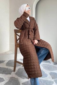 Modalamelif Kare Desenli Kuşak Bağlamalı Çift Cepli Kaban Acıkahve