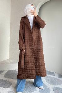 Modalamelif Kare Desenli Kuşak Bağlamalı Çift Cepli Kaban Acıkahve