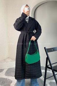 Modalamelif Kare Desenli Kuşak Bağlamalı Çift Cepli Kaban Siyah