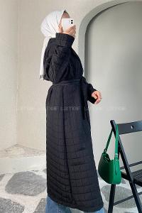 Modalamelif Kare Desenli Kuşak Bağlamalı Çift Cepli Kaban Siyah