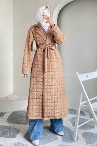 Modalamelif Kare Desenli Kuşak Bağlamalı Çift Cepli Kaban Sütlükahve