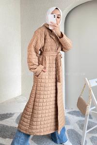 Modalamelif Kare Desenli Kuşak Bağlamalı Çift Cepli Kaban Sütlükahve