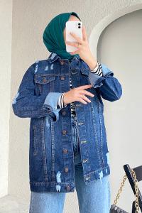 Dark Blue Shirt Collar Long Arm Cotton Fabric Denim Jacket