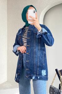 Dark Blue Shirt Collar Long Arm Cotton Fabric Denim Jacket